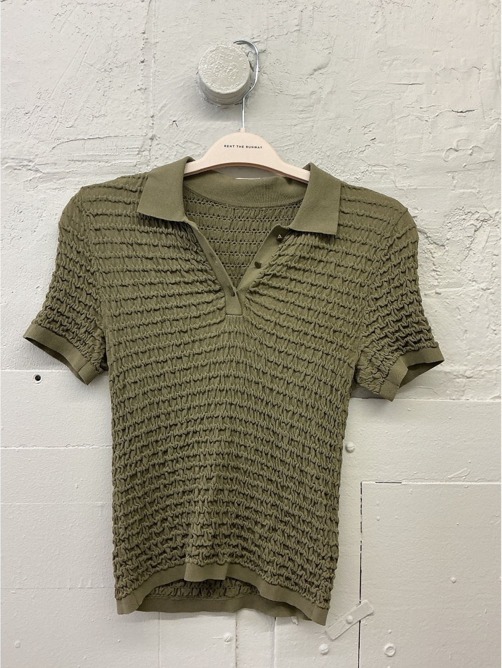 Olive Green Textured Knit Polo short sleeve button down Shirt